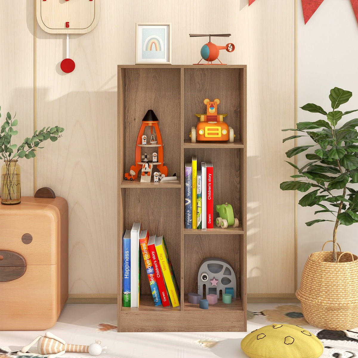 5-Cube Freestanding Storage Bookshelf with 2 Anti-Tipping Kits-Natural