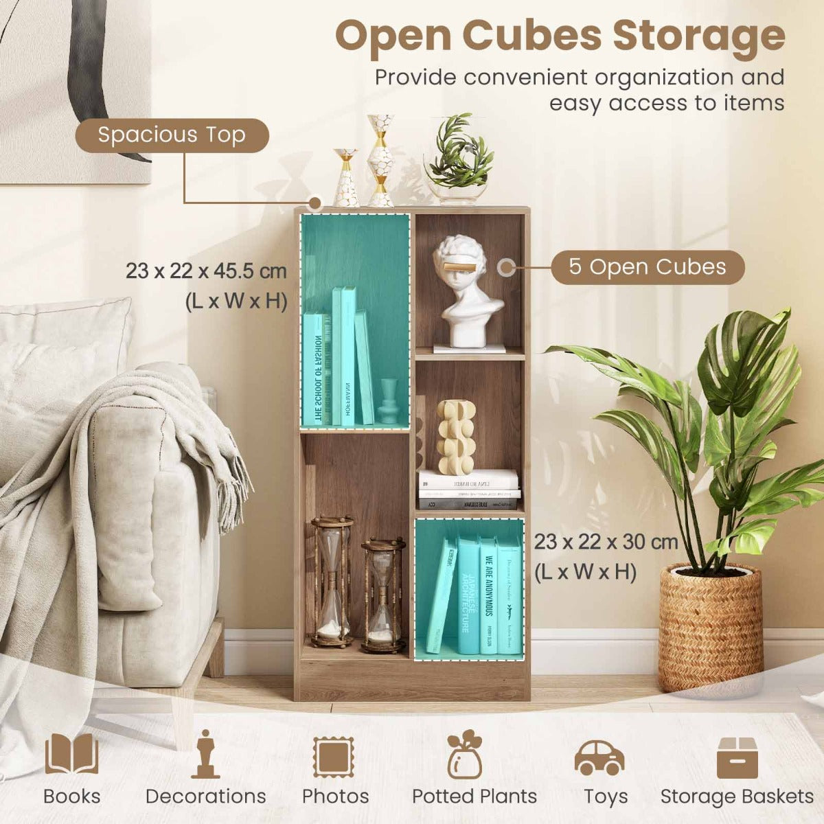 5-Cube Freestanding Storage Bookshelf with 2 Anti-Tipping Kits-Natural