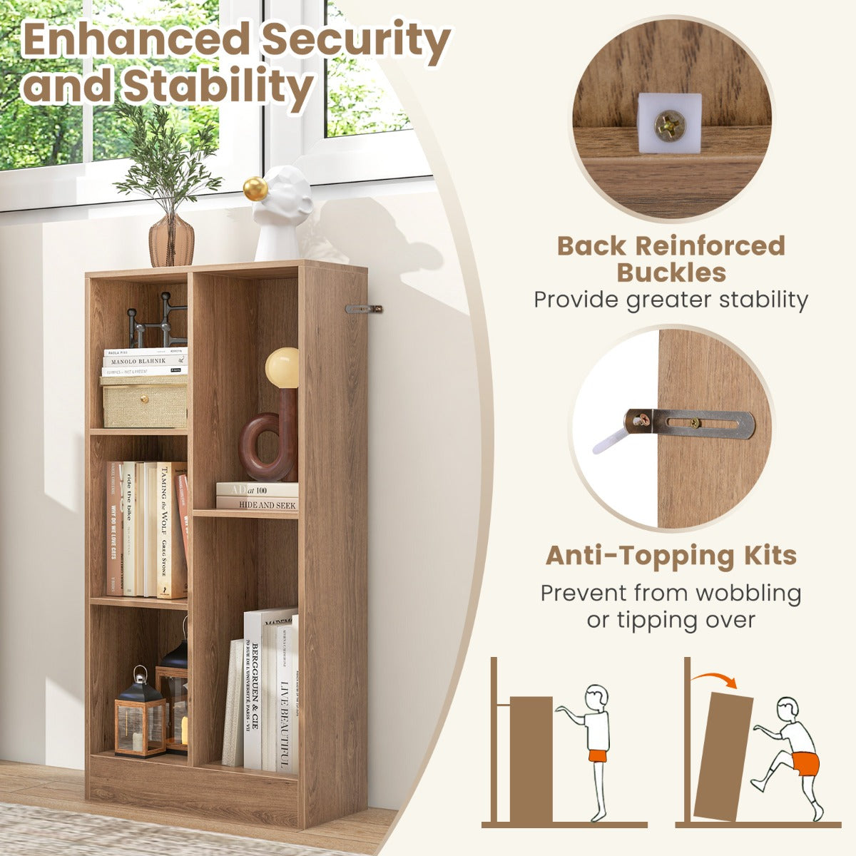 5-Cube Freestanding Storage Bookshelf with 2 Anti-Tipping Kits-Natural