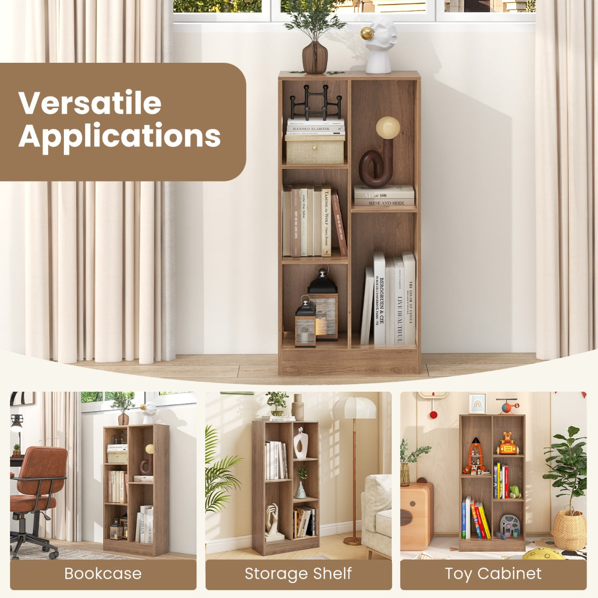 5-Cube Freestanding Storage Bookshelf with 2 Anti-Tipping Kits-Natural
