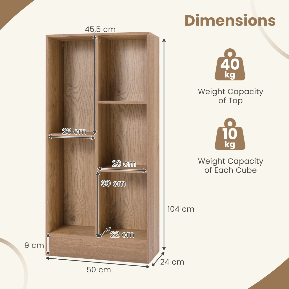 5-Cube Freestanding Storage Bookshelf with 2 Anti-Tipping Kits-Natural