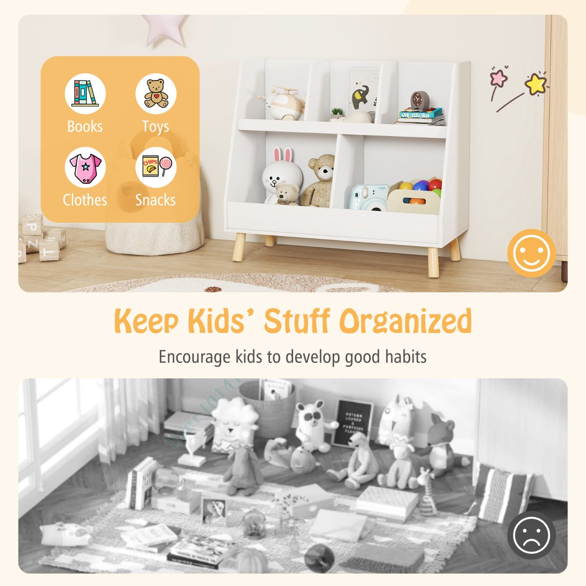 Two-in-one children’s bookshelf combining upper book storage with a lower five-cube toy chest