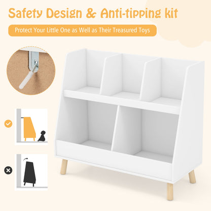 Costway 5-Cube Kids Bookshelf and Toy Organizer with Solid Wood Legs and Anti-Tipping Kits-White