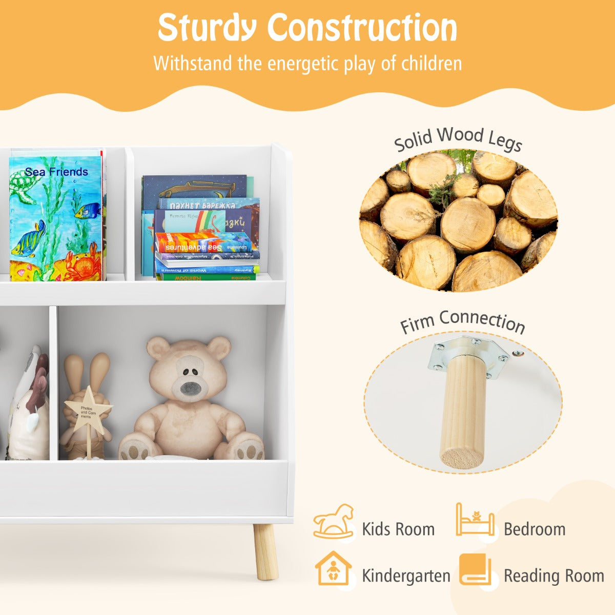 Waterproof white children’s storage shelf suitable for bedrooms, playrooms, nurseries and classrooms