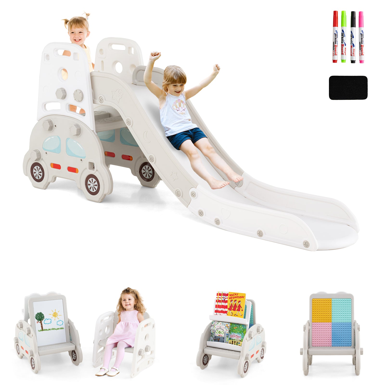 5 in 1 Convertible Toddler Slide Set for Boys and Girls 3+ Years Old-Grey