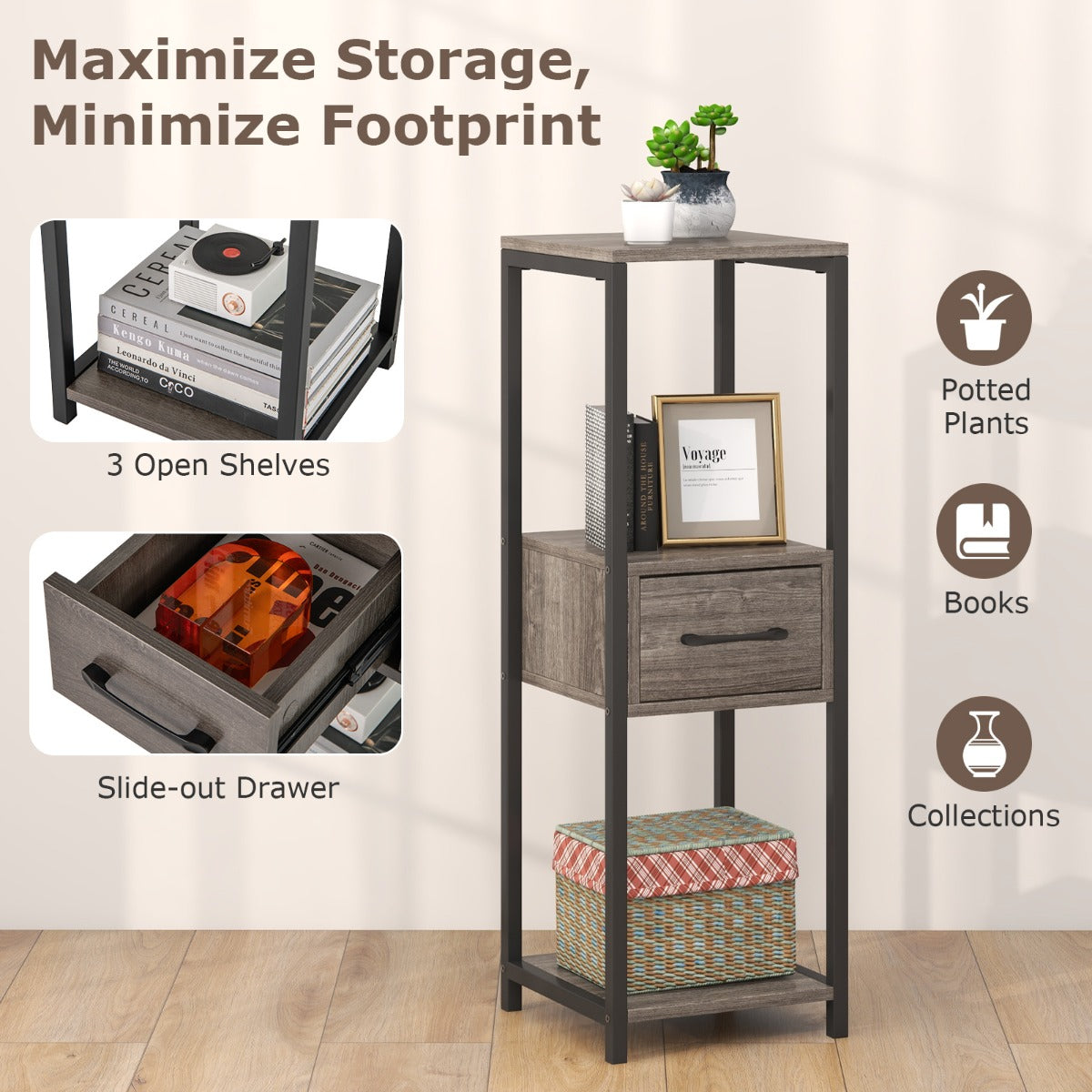 Built-in slide-out drawer stores gardening tools, private belongings, and small household essentials