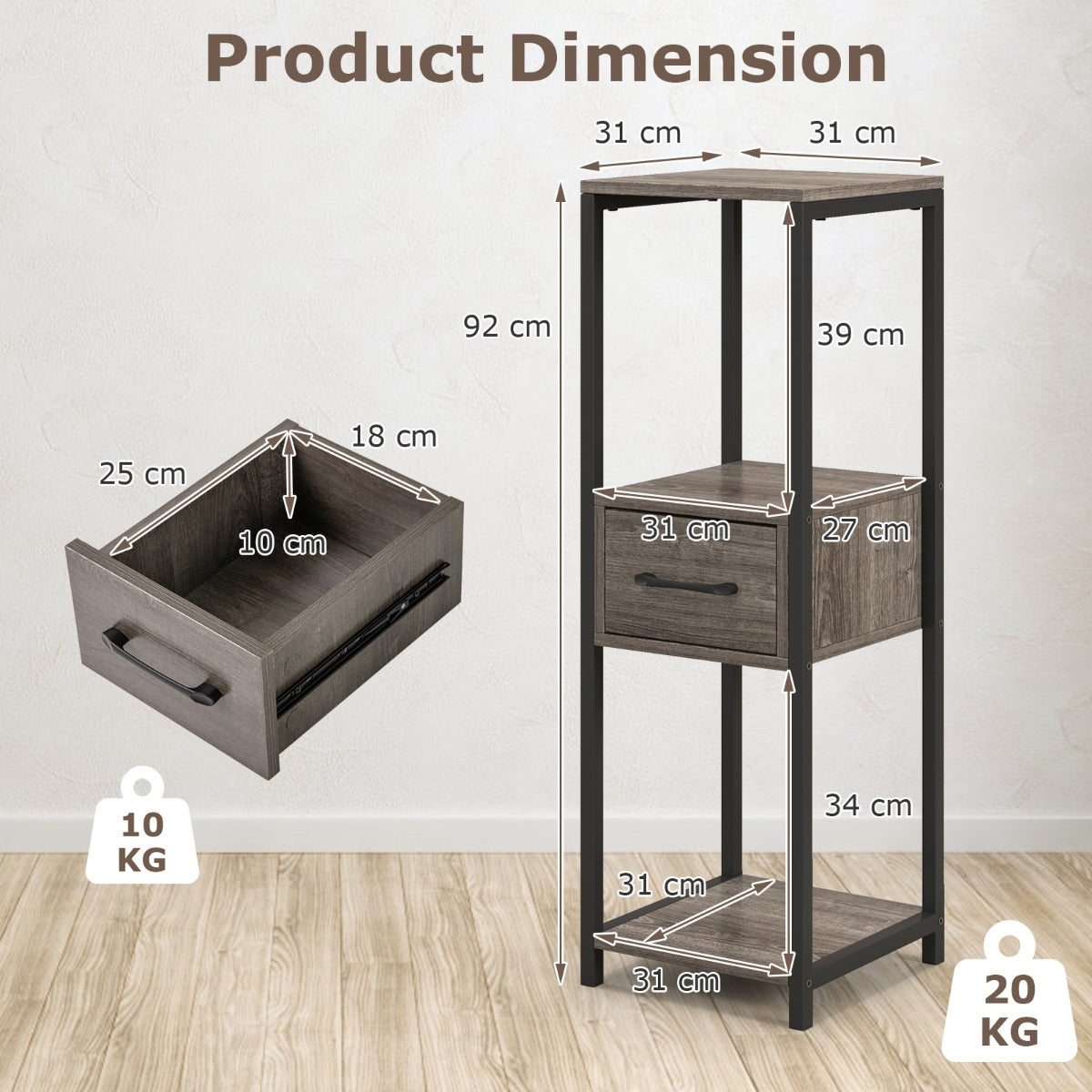 Gray and black three-tier plant stand with drawer, open shelves, metal frame, anti-tipping devices, and wood grain finish
