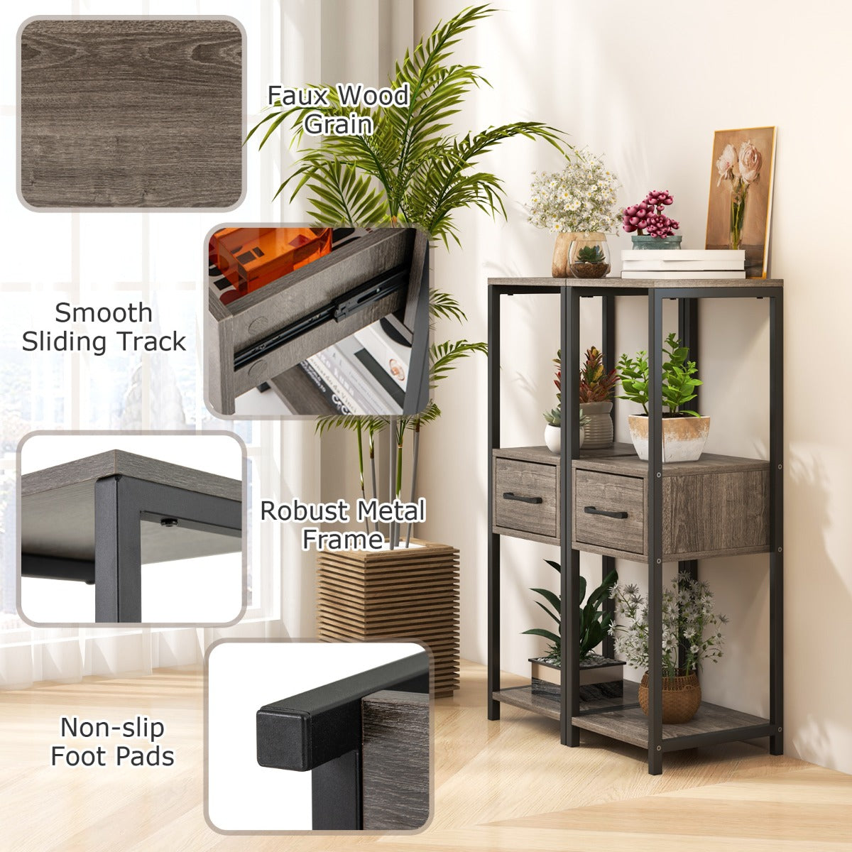 Non-slip foot pads help prevent floor scratches while keeping the flower rack steady