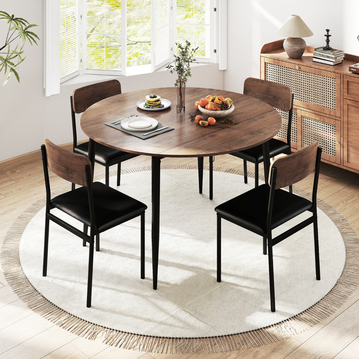 5-Piece Dining Furniture Set with Drop Leaf Tabletop-Brown