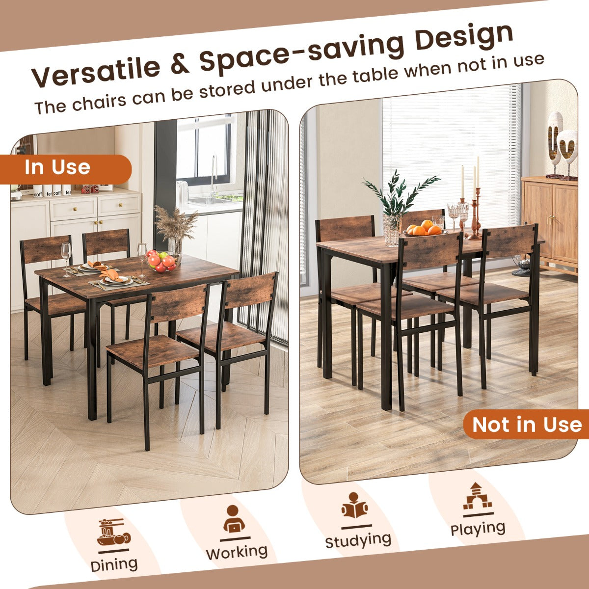 Costway 5 Piece Dining Table Set for 4 with Backrest and Metal Frame