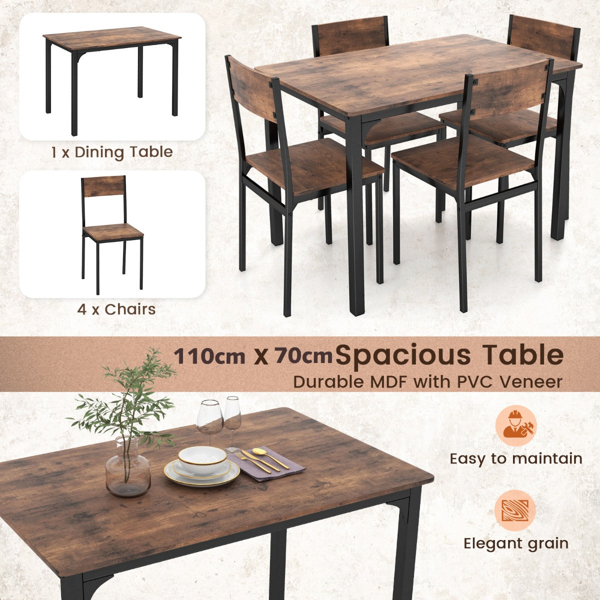 Costway 5 Piece Dining Table Set for 4 with Backrest and Metal Frame