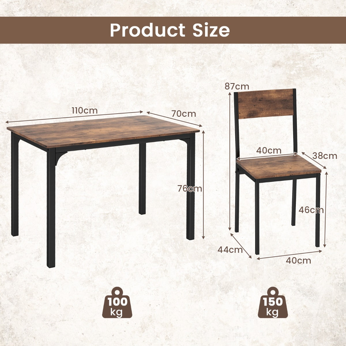 Costway 5 Piece Dining Table Set for 4 with Backrest and Metal Frame