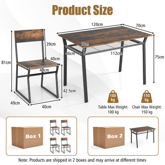 5-Piece Industrial Dining Table Set with Storage Rack for Small Spaces