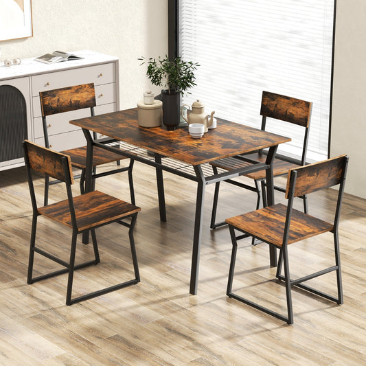 Costway 5 Piece Industrial Dining Table Set with Storage Rack for Kitchen-Brown
