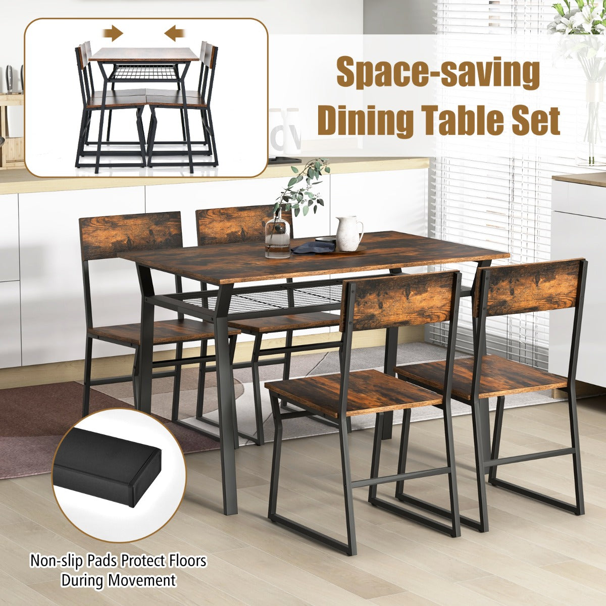 Costway 5 Piece Industrial Dining Table Set with Storage Rack for Kitchen-Brown