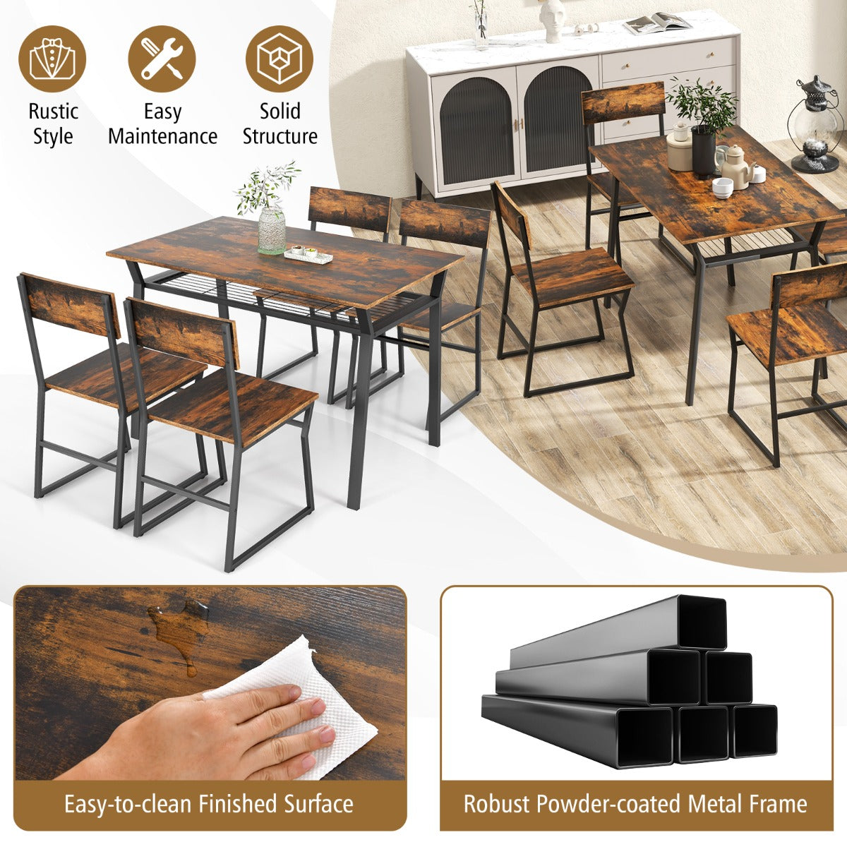 Costway 5 Piece Industrial Dining Table Set with Storage Rack for Kitchen-Brown