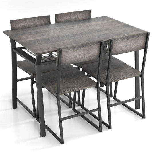 Five-piece dining set includes a rectangular table with storage shelf and four comfortable chairs for family meals