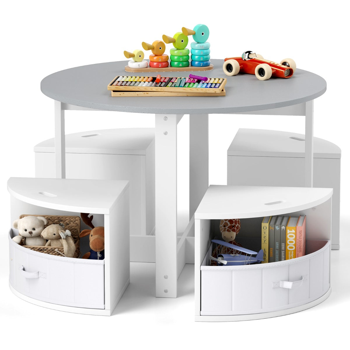 5 Piece Kids Table and Chair Set with 4 Storage Stools-Grey