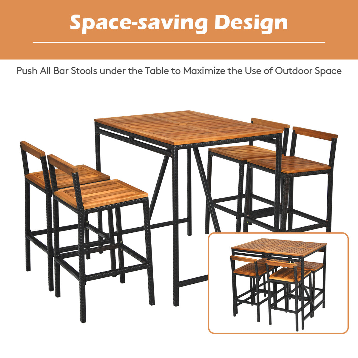 5-Piece Outdoor Acacia Wood and PE Rattan Bar Set