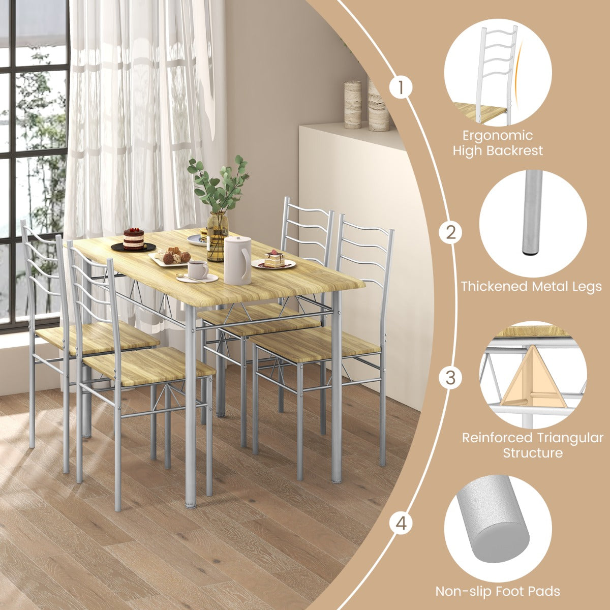 5 Pieces Dining Table Set with Rectangular Tabletop and 4 High Backrest Chairs-Natural