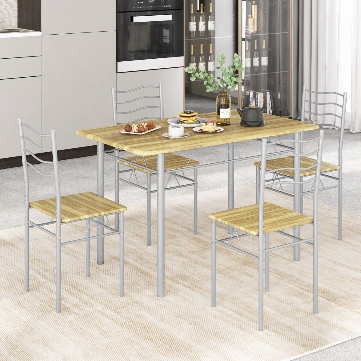 5 Pieces Dining Table Set with Rectangular Tabletop and 4 High Backrest Chairs-Natural