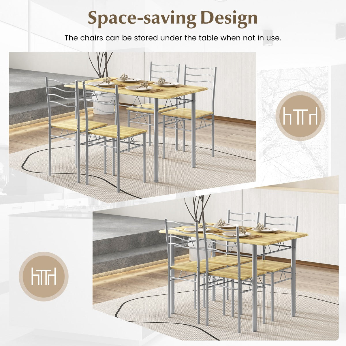 5 Pieces Dining Table Set with Rectangular Tabletop and 4 High Backrest Chairs-Natural