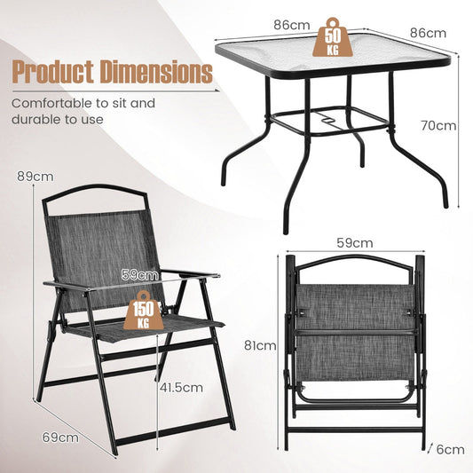 Five-piece folding patio dining set with four comfortable chairs and a tempered glass table for outdoor meals