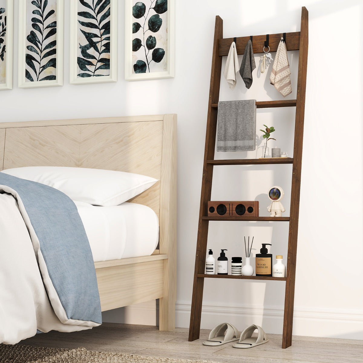 5-Tier Blanket Ladder 148cm Bamboo Decorative Ladder Shelf-Brown