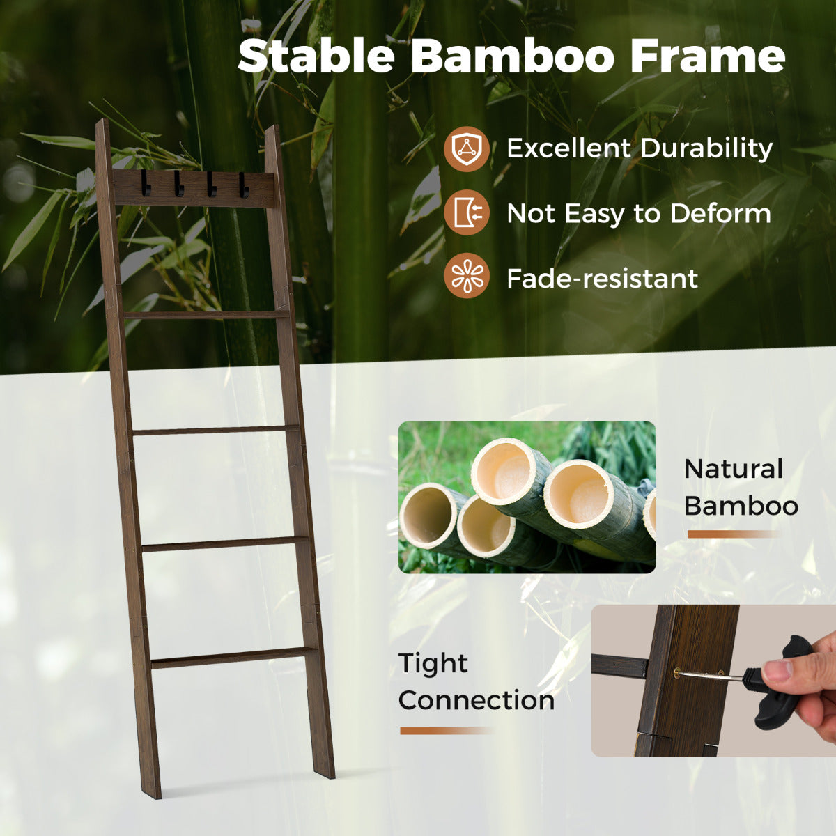 5-Tier Blanket Ladder 148cm Bamboo Decorative Ladder Shelf-Brown