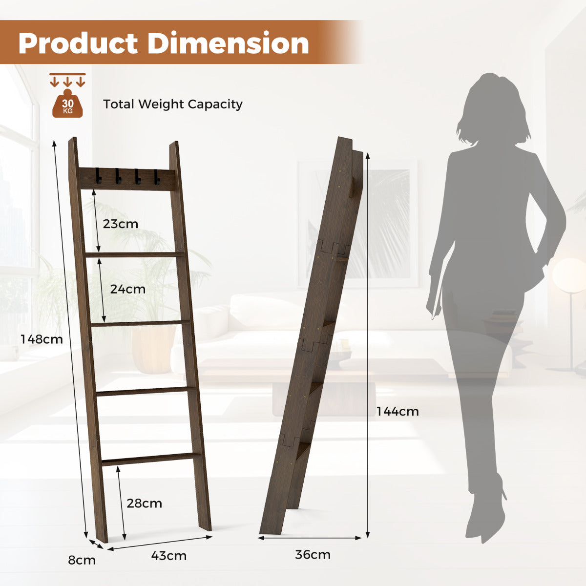 5-Tier Blanket Ladder 148cm Bamboo Decorative Ladder Shelf-Brown
