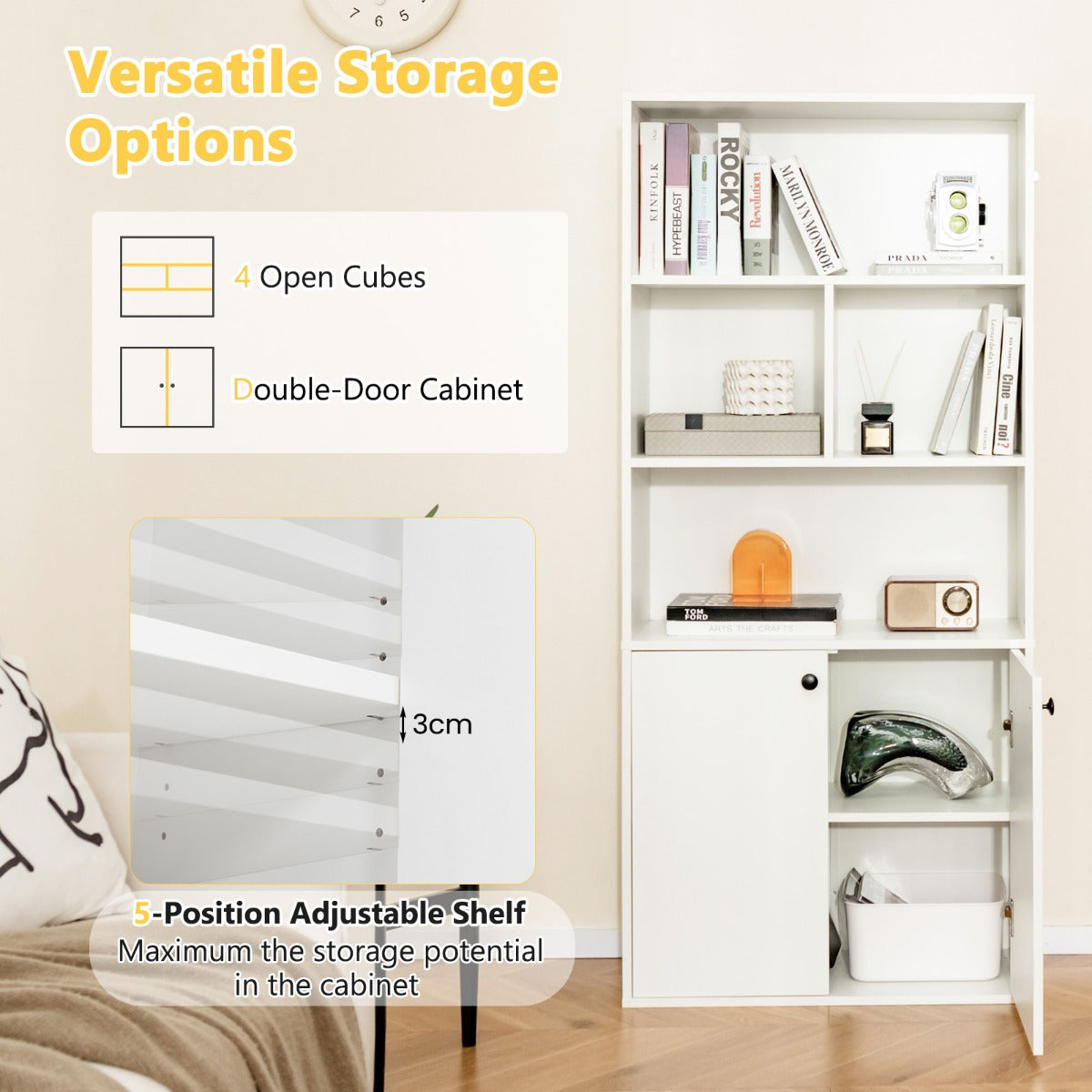 Double-door cabinet conceals clutter while keeping stored items protected and neatly arranged