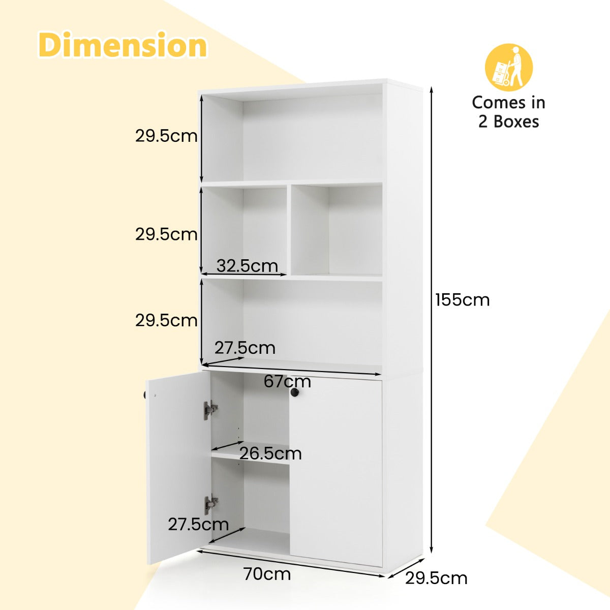 Modern bookcase features four open storage cubes and a double-door cabinet for organized display