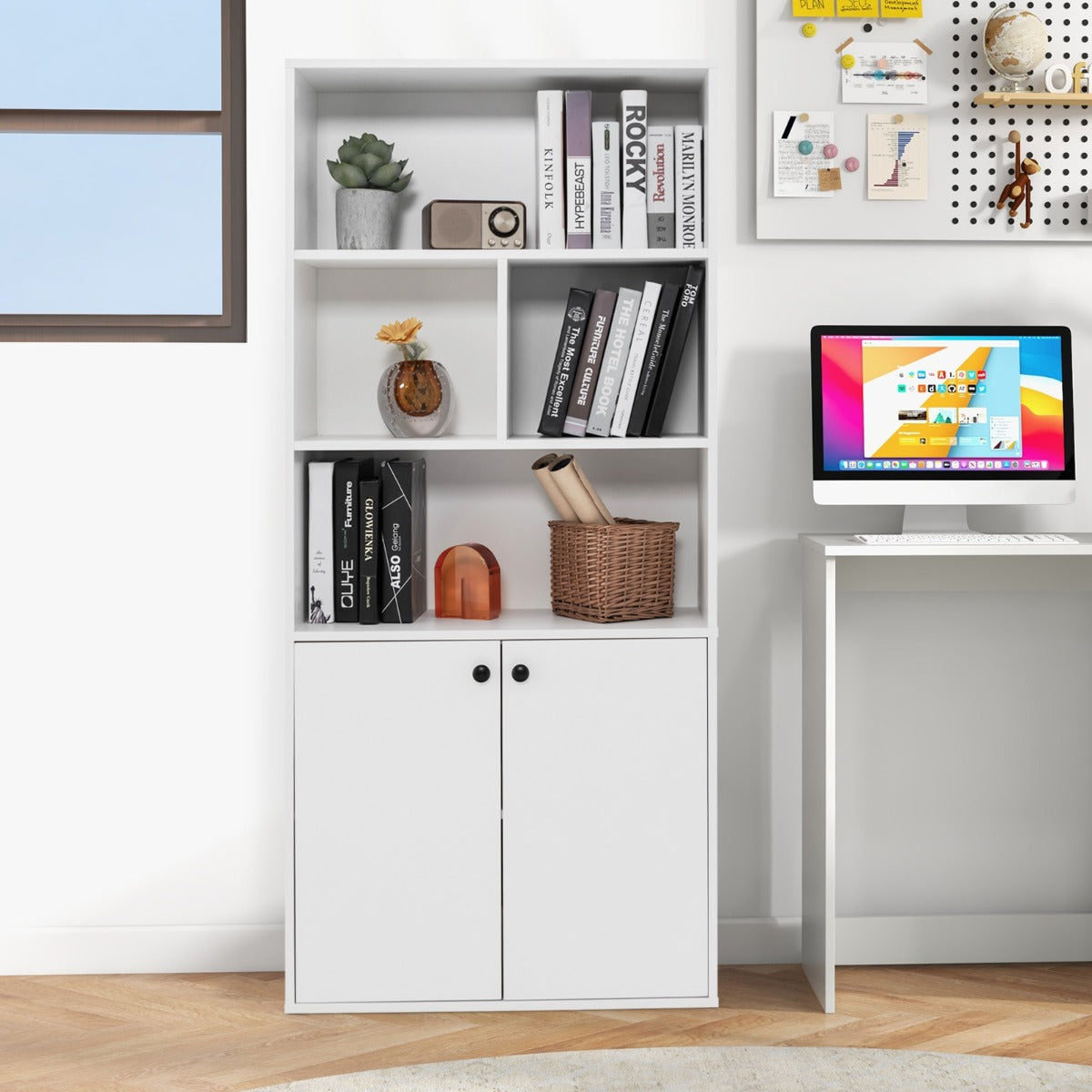 Two anti-toppling kits allow the tall bookcase to be securely anchored to a wall for safety