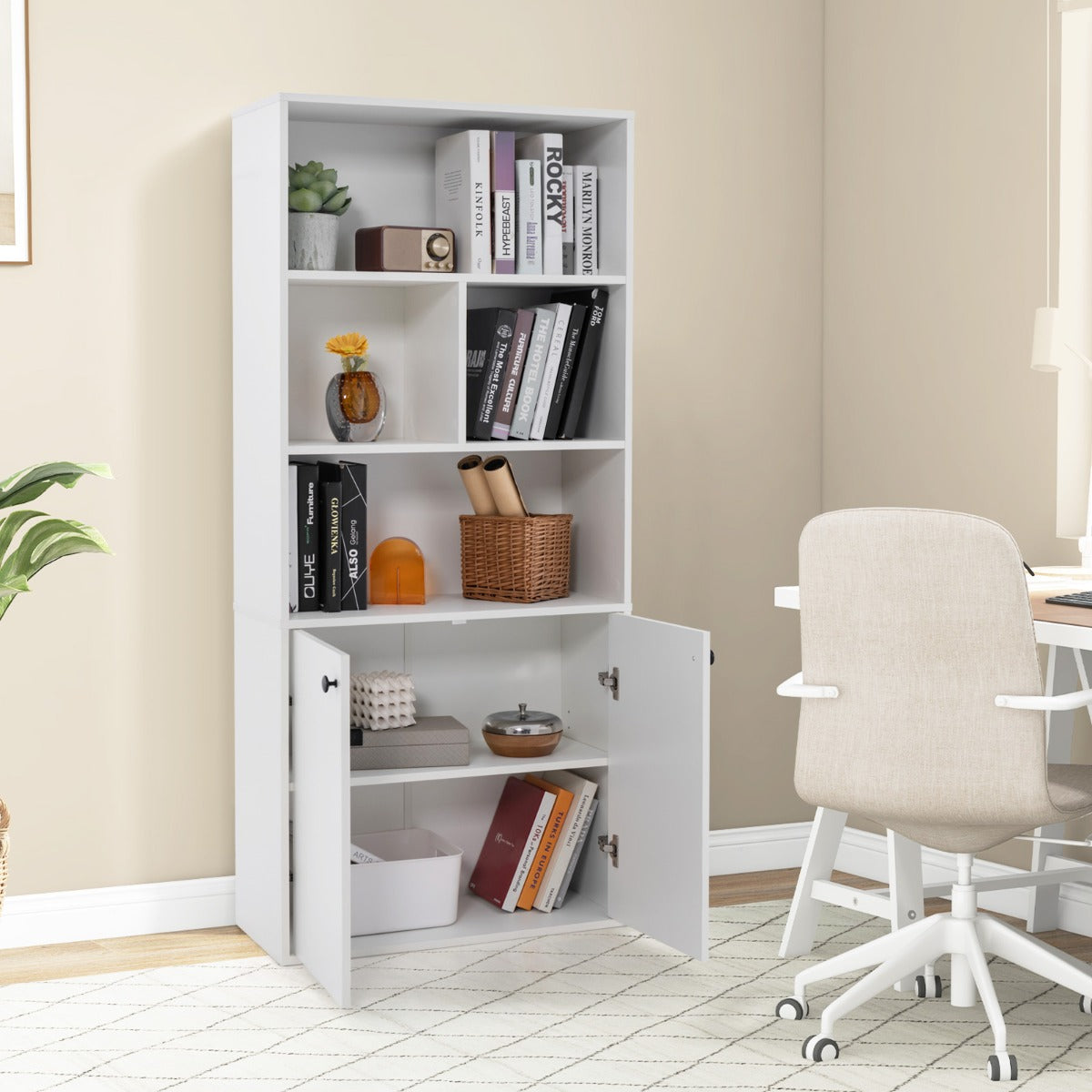 Clean lines and minimalist white styling complement living rooms, bedrooms, studies, and offices