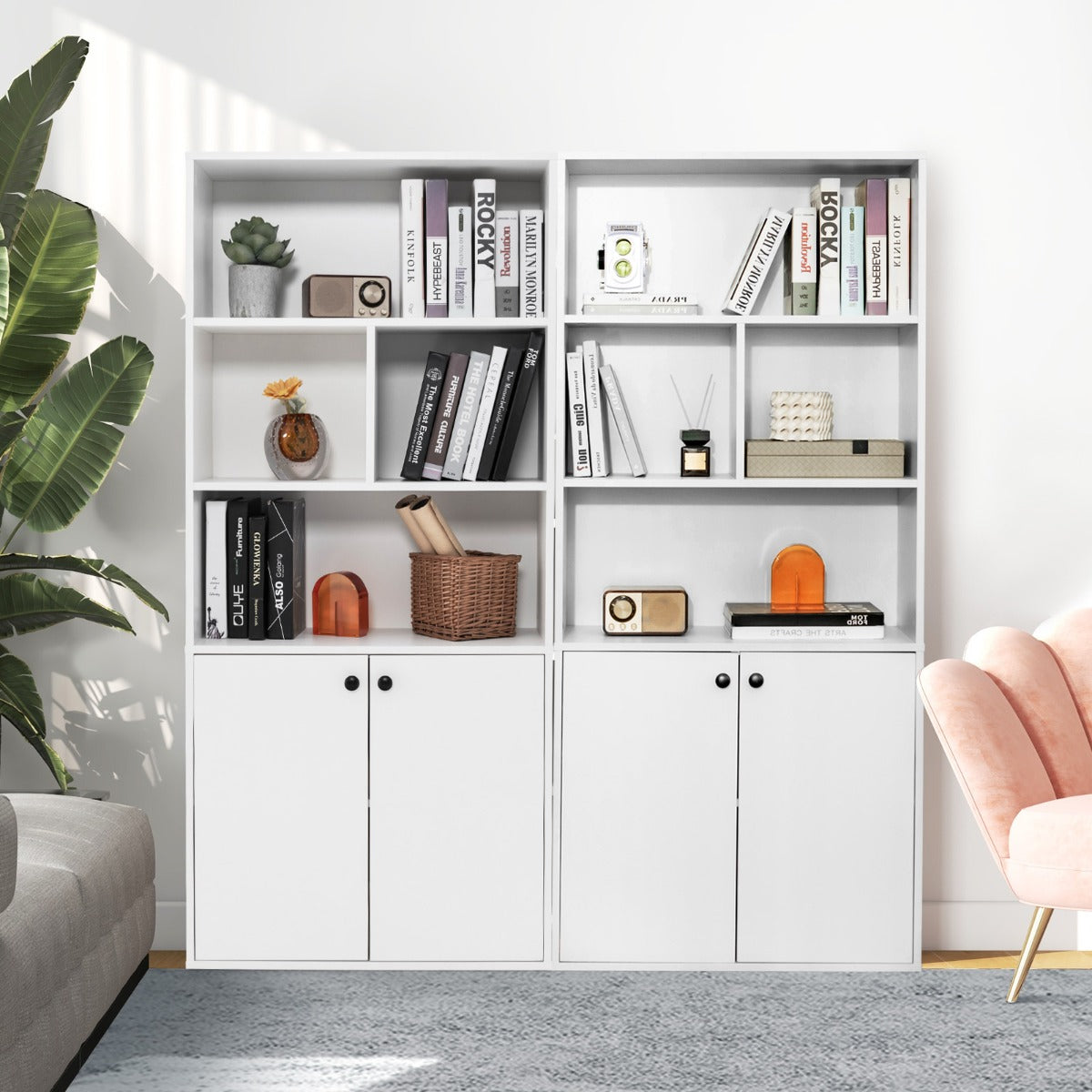 Magnetic catches, metal hinges, and round knobs make the cabinet convenient to open and close