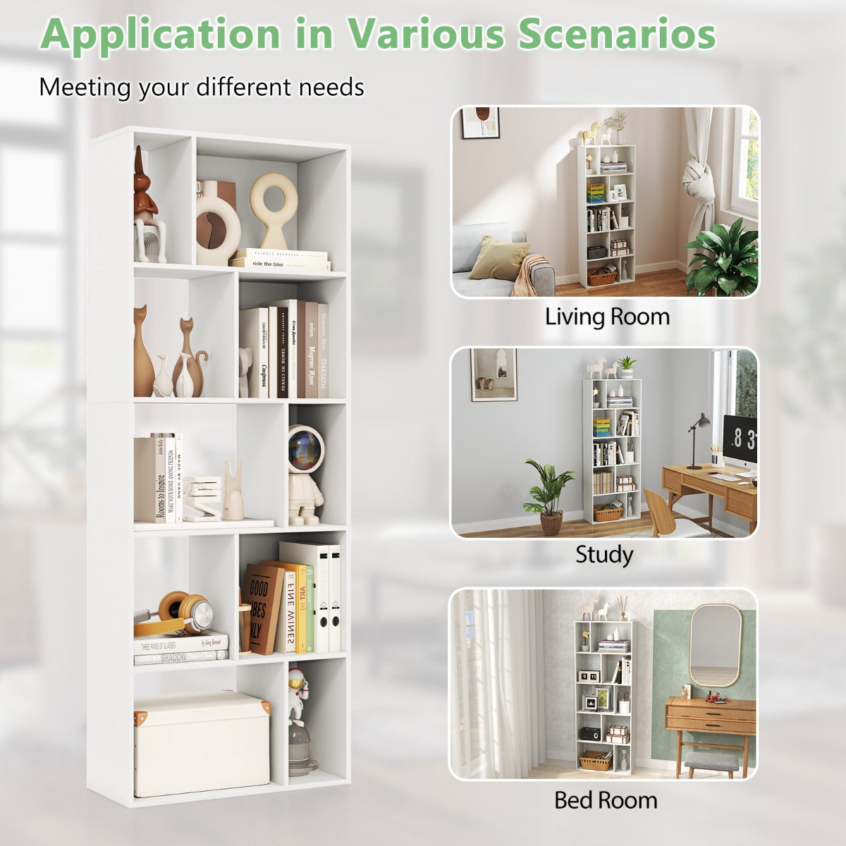 5 Tier Bookshelf with 10 Compartments and Floor Standing Room Divider-White