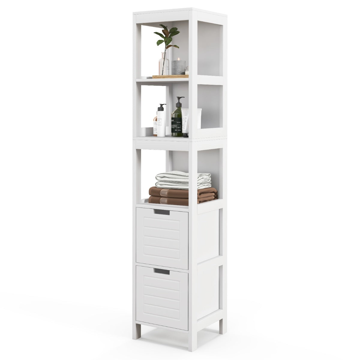 Three open shelves provide convenient access to cosmetics, towels, books, ornaments, and bathroom supplies