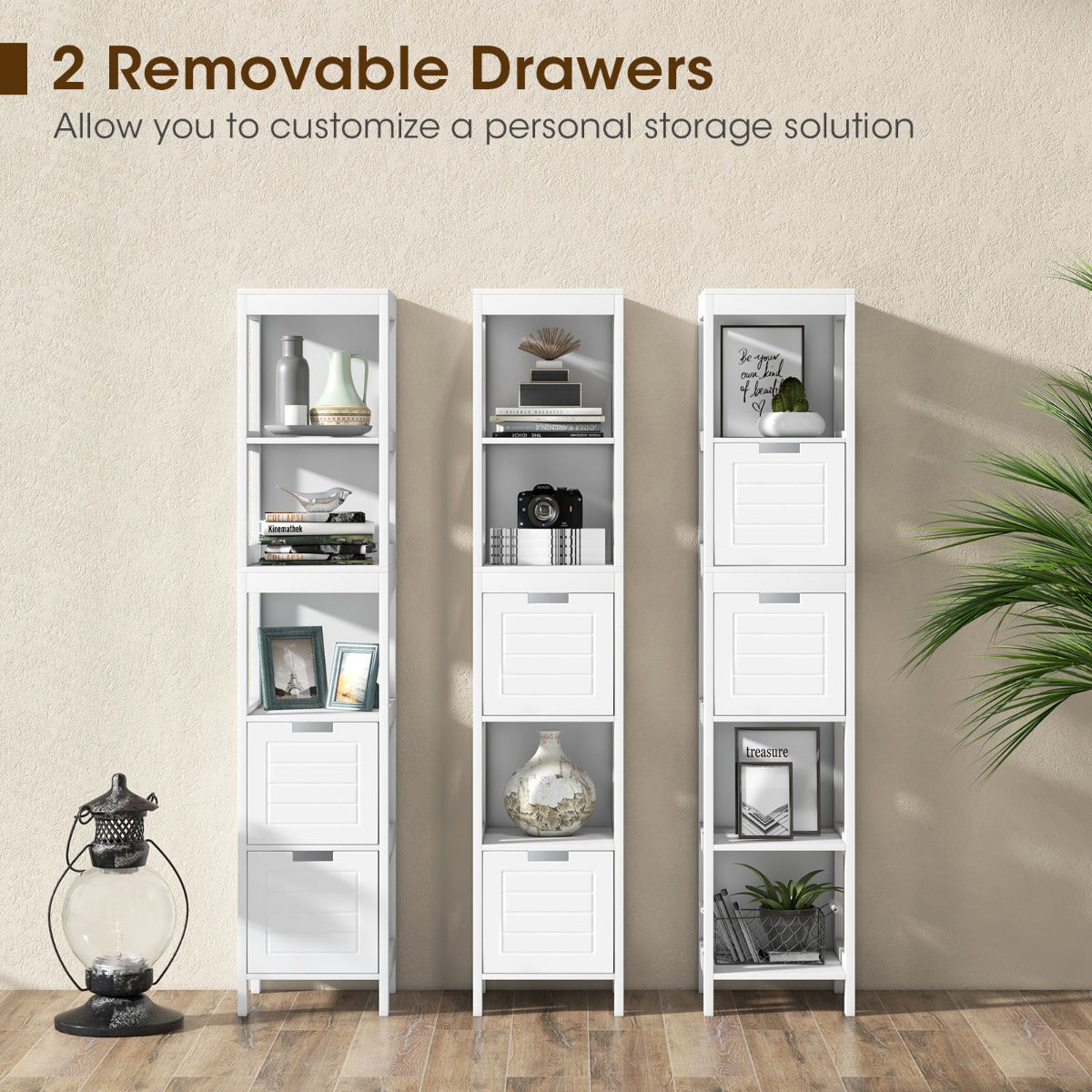 Two drawers offer concealed storage for smaller accessories while keeping countertops tidy