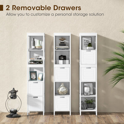 Two drawers offer concealed storage for smaller accessories while keeping countertops tidy