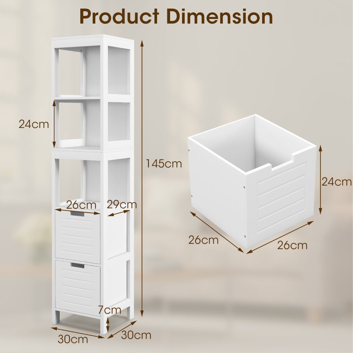 Tall white bathroom cabinet offers three open shelves and two drawers for organizing daily essentials