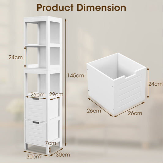 Tall white bathroom cabinet offers three open shelves and two drawers for organizing daily essentials