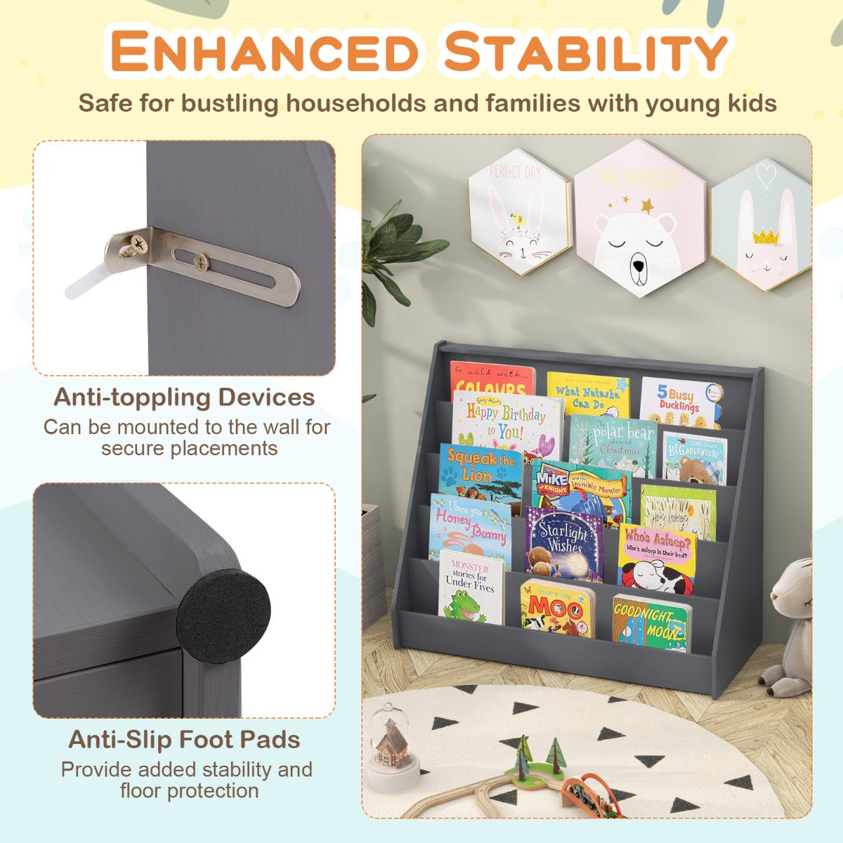 5 Tier Kids Bookshelf with Anti-Toppling Devices for Kids Room-Grey