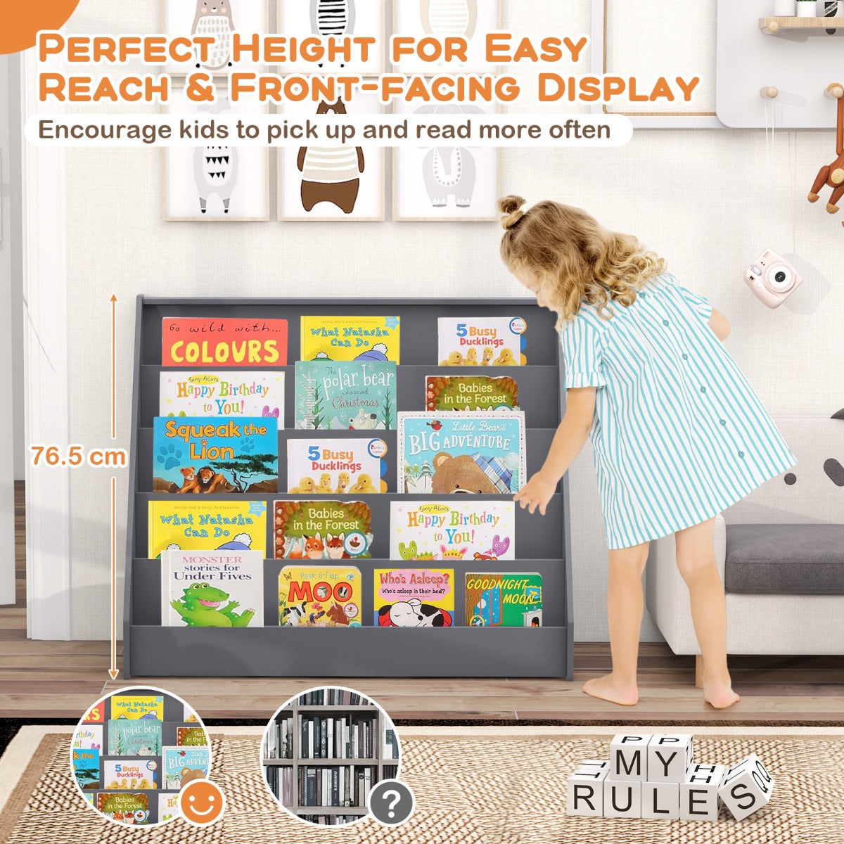5 Tier Kids Bookshelf with Anti-Toppling Devices for Kids Room-Grey
