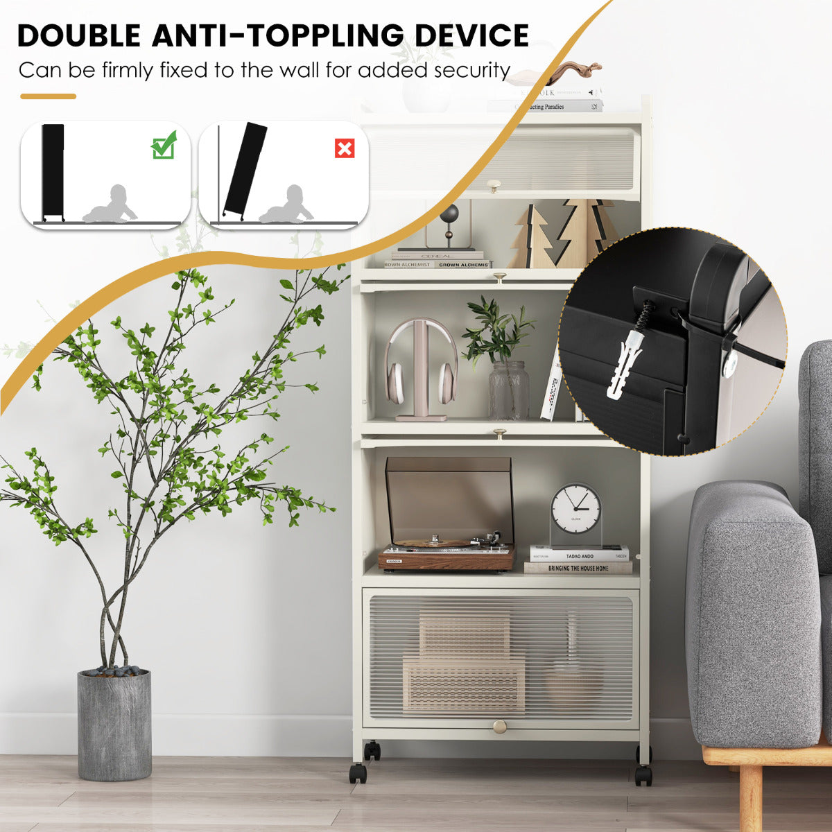 5-Tier Kitchen Baker Rack with Flip Door Cabinet-White