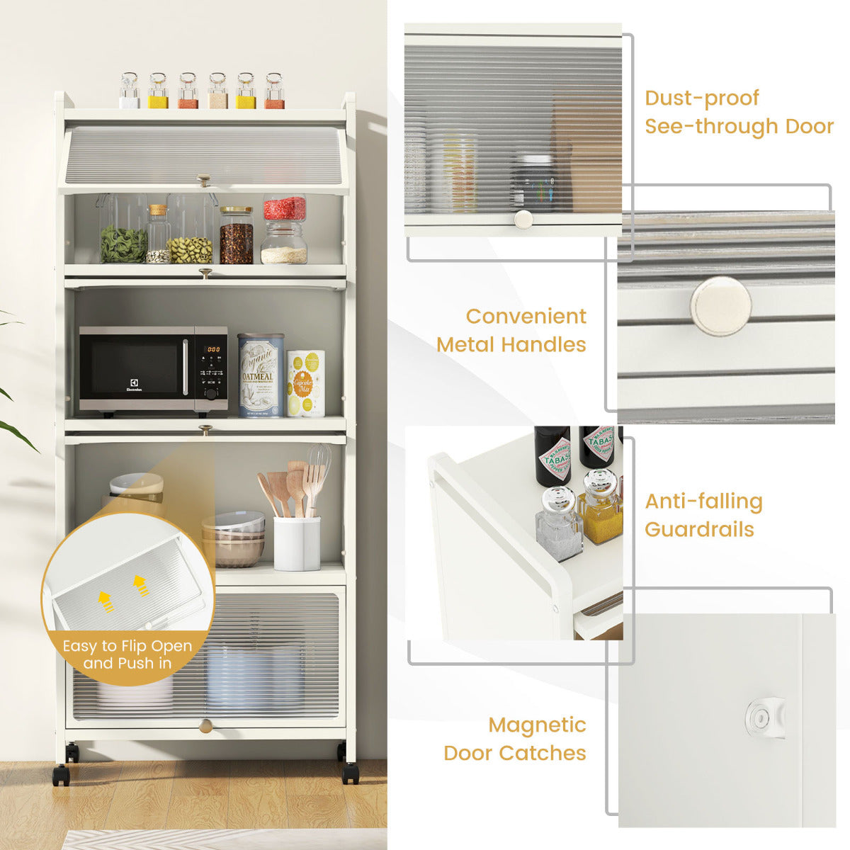 5-Tier Kitchen Baker Rack with Flip Door Cabinet-White