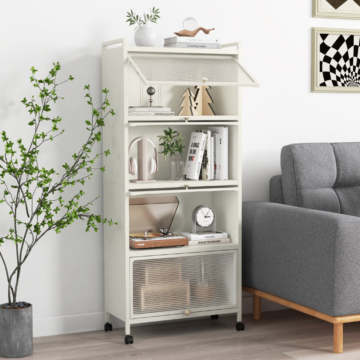 5-Tier Kitchen Baker Rack with Flip Door Cabinet-White