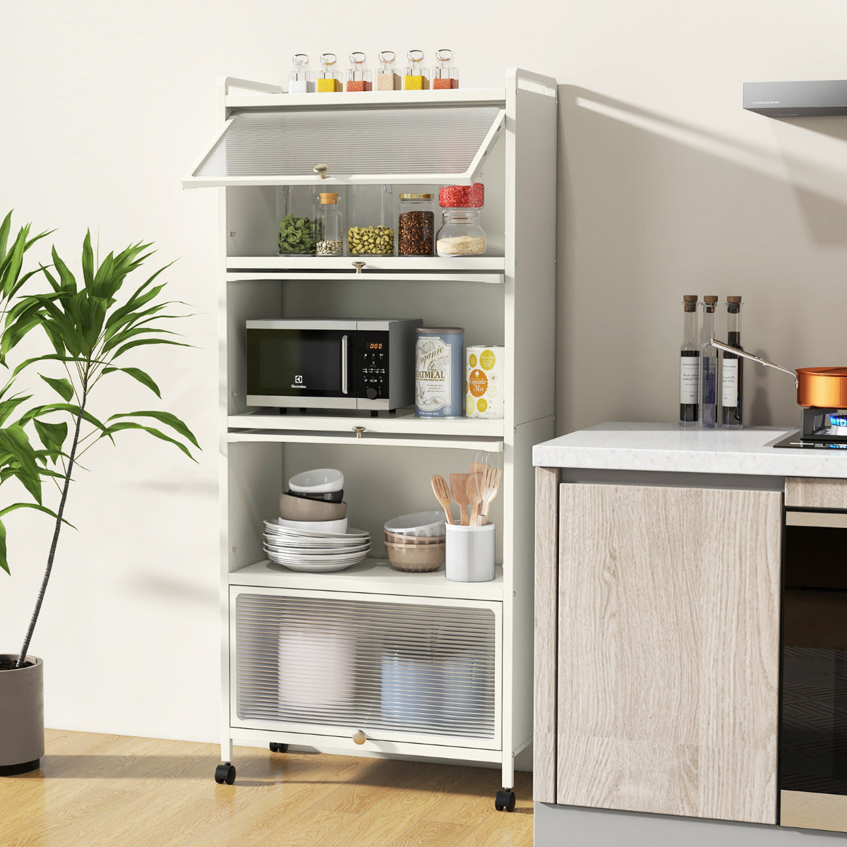 5-Tier Kitchen Baker Rack with Flip Door Cabinet-White