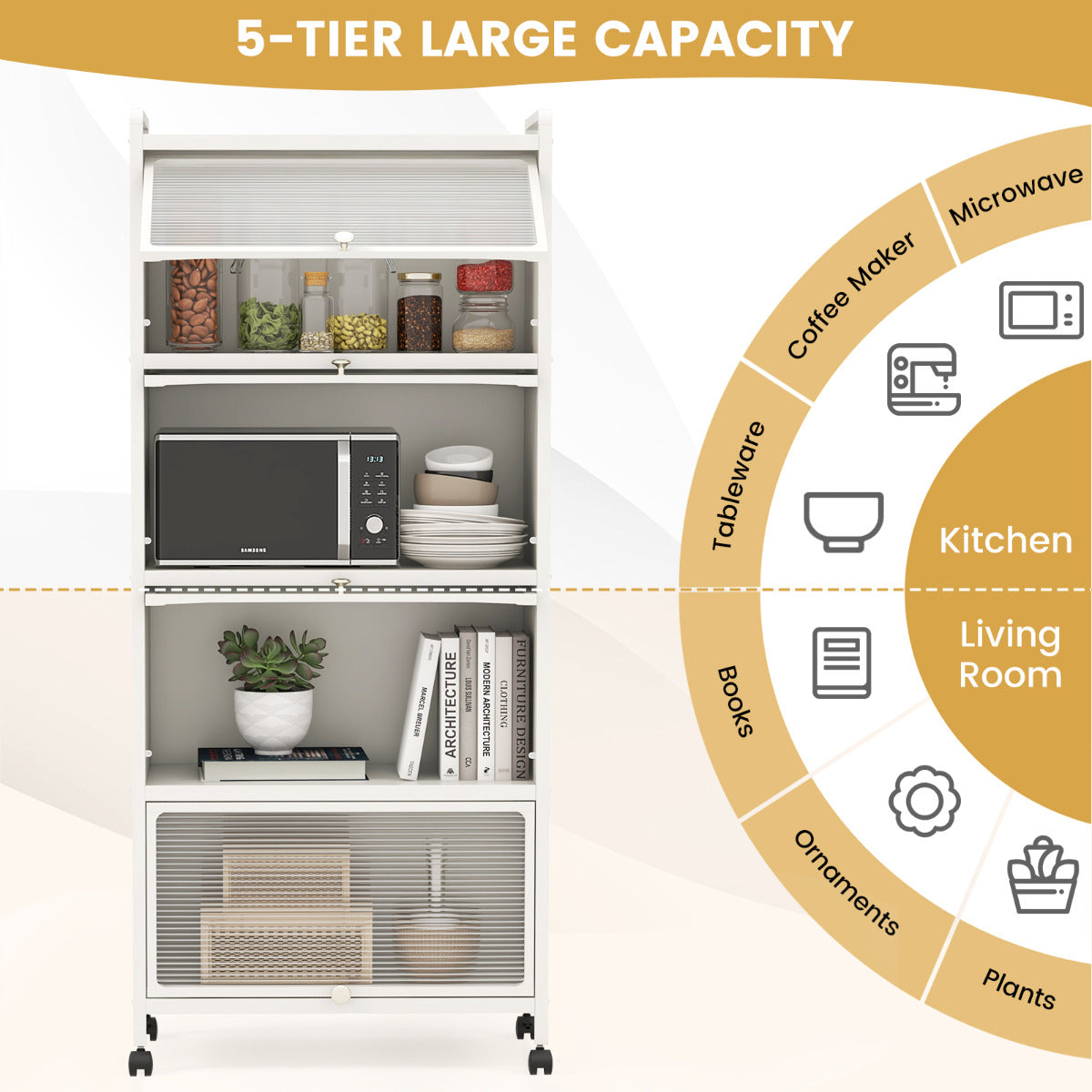 5-Tier Kitchen Baker Rack with Flip Door Cabinet-White