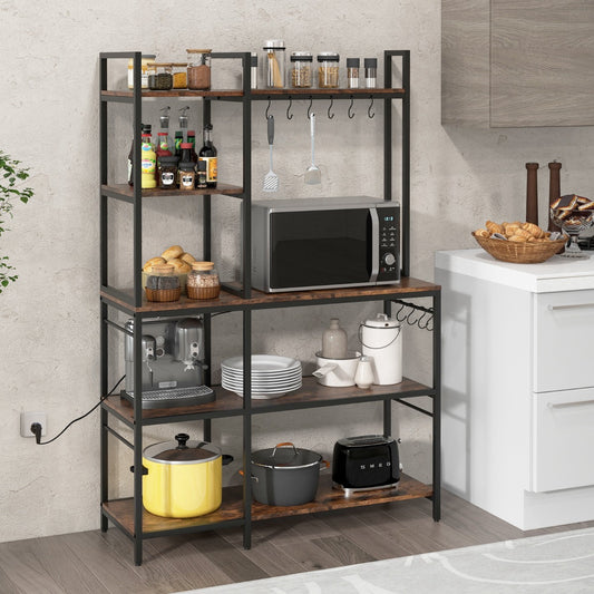 Costway 5-Tier Large Kitchen Utility Microwave Stand with Power Outlet-Rustic Brown