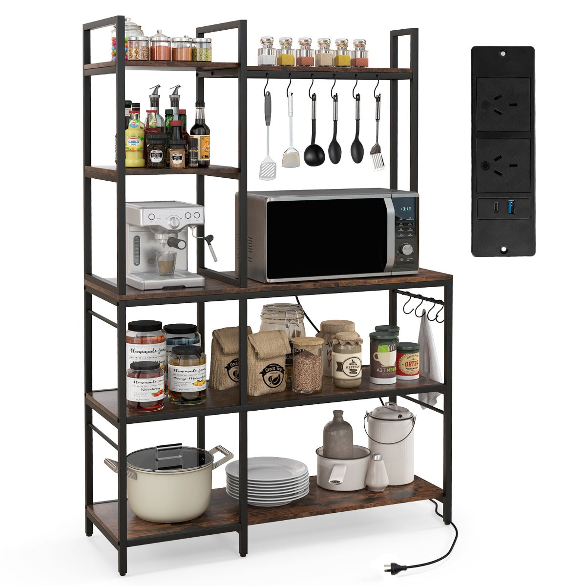 Built-in charging station includes two AC outlets, USB, and Type-C ports for convenient appliance charging